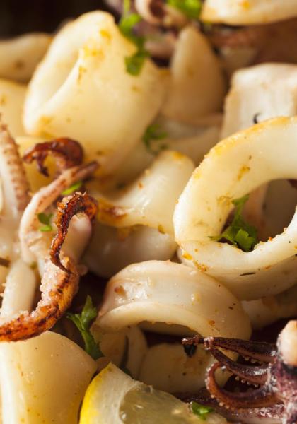 Calamari grigliati con prezzemolo e limone, sapore mediterraneo.